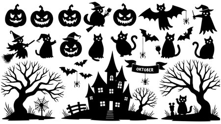 Halloween black silhouettes set isolated on white background. Vector illustrationのイラスト素材