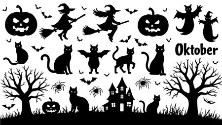 Halloween black silhouettes isolated on white background. Vector illustration.のイラスト素材