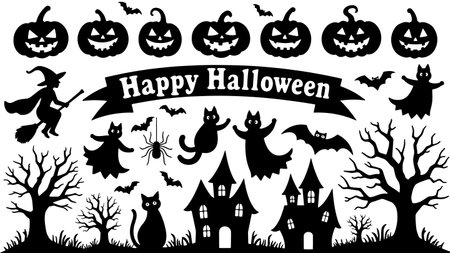 Halloween black silhouettes set isolated on white background. Vector illustrationのイラスト素材