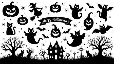 Halloween black and white silhouettes. Vector illustration for your designのイラスト素材