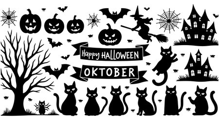 Halloween black and white silhouettes. Vector illustration isolated on white background.のイラスト素材