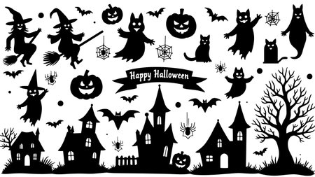 Halloween set of black silhouettes on white background, vector illustrationのイラスト素材