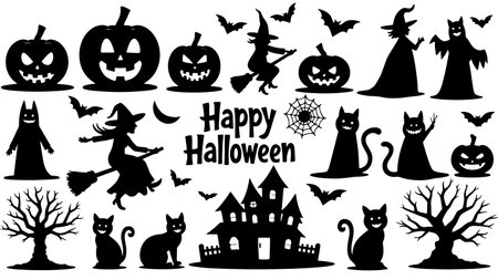 Halloween black silhouettes isolated on white background. Vector illustration.のイラスト素材