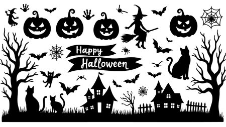 Halloween black silhouettes isolated on white background. Vector illustration.のイラスト素材