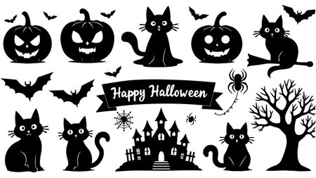 Halloween black silhouettes isolated on white background, vector illustration.のイラスト素材