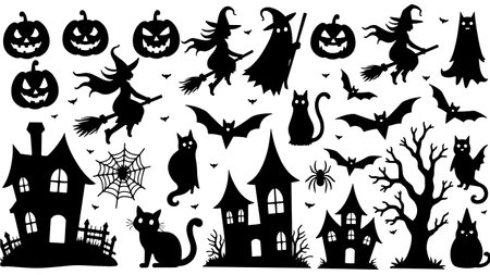 Halloween silhouettes - black and white vector illustration for your designのイラスト素材