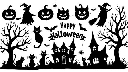 Halloween black silhouettes isolated on white background. Vector illustration.のイラスト素材