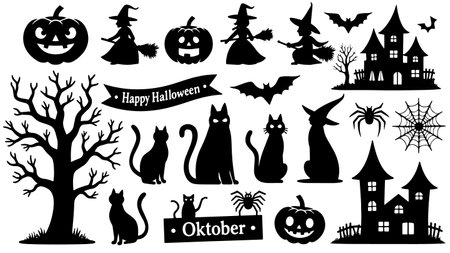 Halloween black and white silhouettes. Vector illustration for your designのイラスト素材