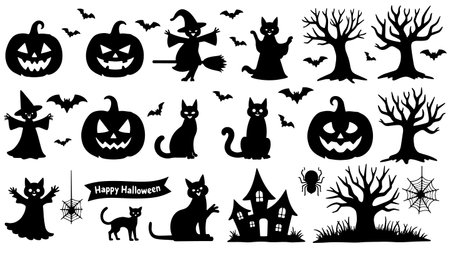 Halloween black silhouettes isolated on white background. Vector illustration.のイラスト素材