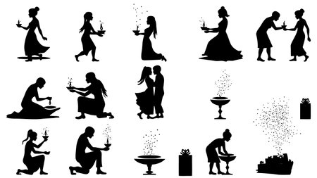 Silhouettes of people drinking water on a white background. Vector illustrationのイラスト素材