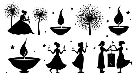 Silhouettes of beautiful women with candles and fireworks. Vector illustrationのイラスト素材