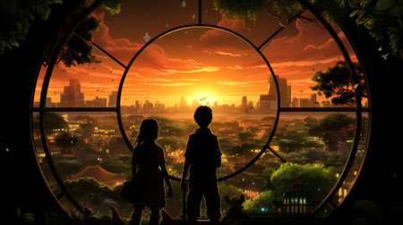 Silhouette of a boy and girl looking at the city from the windowの素材