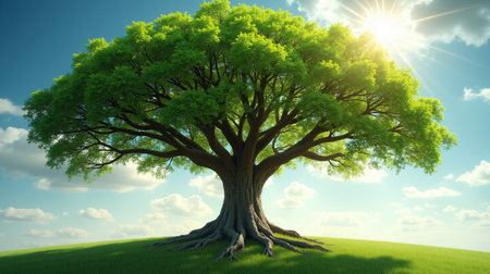 Big tree on green meadow. Nature background. 3d renderの素材