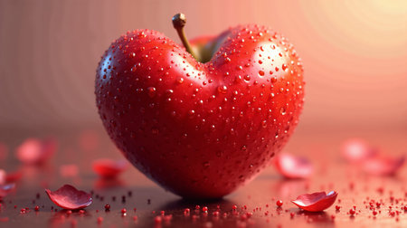 Red heart with rose petals and drops of water on red backgroundの素材
