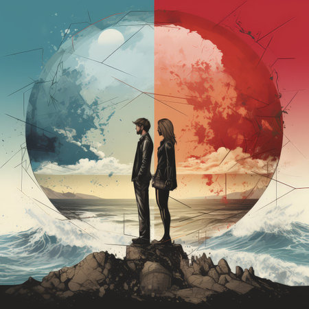 Man and woman standing on the edge of a cliff and looking at the sea.の素材