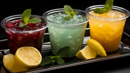 Close up of three different types of lemonade in plastic cups.の素材