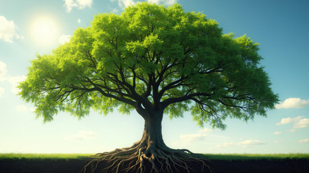 Green tree on blue sky background. 3d render. Nature conceptの素材