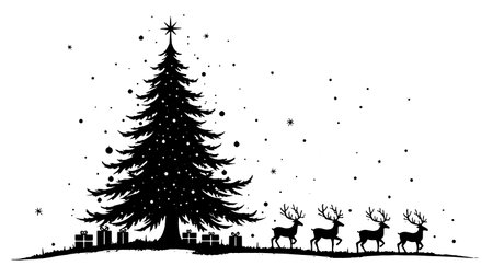Christmas tree with deers and houses. Vector illustration in black and white.のイラスト素材