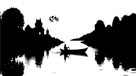 Silhouette of a man rowing a boat on the riverのイラスト素材