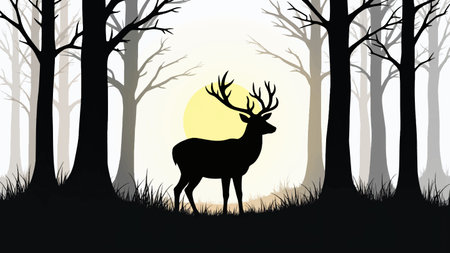 Silhouette of a deer in the forest. Vector illustration.のイラスト素材