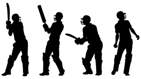 illustration of cricket player silhouettes on white background - rasterのイラスト素材