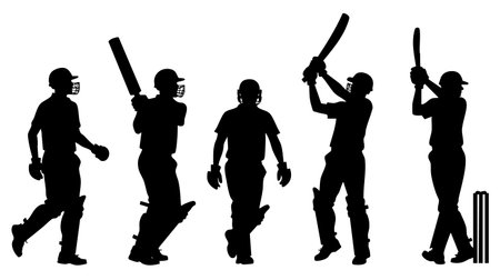 Cricket players silhouettes on white background. Vector illustration.