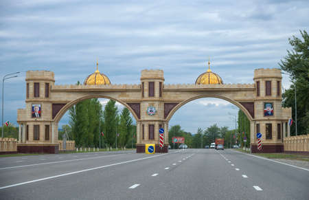 ARGUN, RUSSIA - SEPTEMBER 28, 2021: Gate on the highway "Caucasus". Chechen Republicのeditorial素材