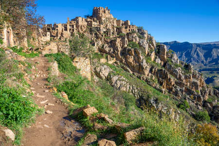 The abandoned village of Gamsutl on a sunny September morning. Republic of Dagestan, Russiaの写真素材