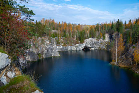 View of the Marble Canyon on a sunny autumn day. Ruskeala