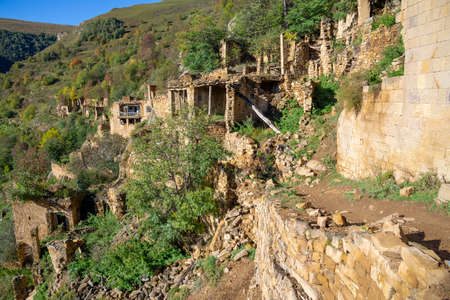 On the ruins of the abandoned mountain village of Gamsutl. Republic of Dagestan, Russiaの写真素材