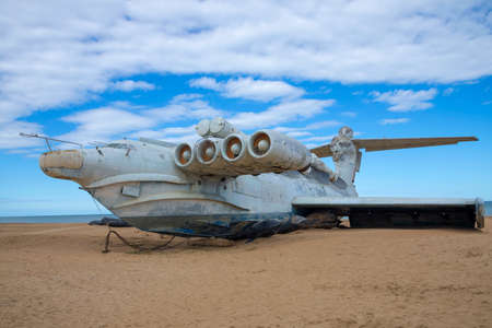 DERBENT, RUSSIA - SEPTEMBER 27, 2021: Abandoned rocket ship-ekranoplan Lun on the shore of the...