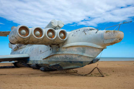 DERBENT, RUSSIA - SEPTEMBER 27, 2021: Abandoned rocket ship-ekranoplan "Lun" close-up. Surroundings of Derbent, Republic of Dagestanのeditorial素材