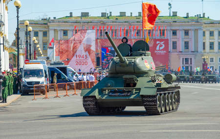 SAINT PETERSBURG, RUSSIA - JUNE 20, 2020: Soviet T-34-85 tank at the Victory Day parade. Saint...