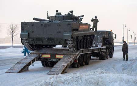 SAINT PETERSBURG, RUSSIA - JANUARY 24, 2019: BMP-3 (infantry fighting vehicle) drives onto a...
