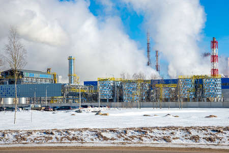 VELIKY NOVGOROD, RUSSIA - MARCH 09, 2022: Mineral Fertilizer Plant of Acron company on a frosty day, Veliky Novgorodのeditorial素材