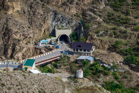 AKHULGO, RUSSIA - SEPTEMBER 25, 2021: Top view of the entrance to the tunnel through Mount Akhulgo....