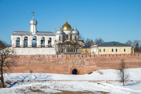 A sunny winter day at the Kremlin walls. Veliky Novgorod, Russiaの写真素材