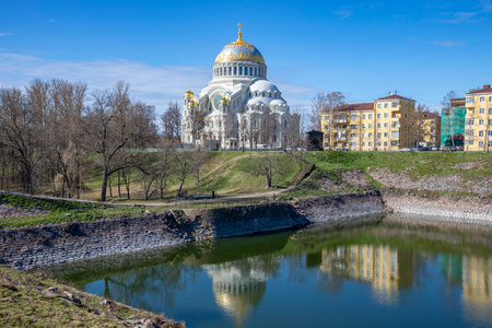 The Naval (St. Nicholas) Cathedral with a reflection in the Dock pool. Kronstadt, Russiaの写真素材