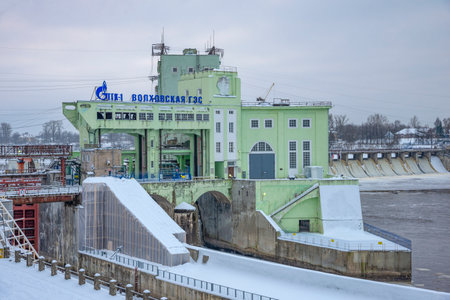 VOLKHOV, RUSSIA - DECEMBER 11, 2022: Hydroelectric power station building close-up. Volkhov. Leningrad region, Russiaのeditorial素材