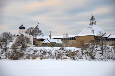 Staroladozhskaya fortress on the bank of the Volkhov river on a winter day. Leningrad Region, Russiaのeditorial素材