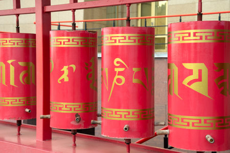 ELISTA, RUSSIA - SEPTEMBER 21, 2021: Prayer drums on the territory of the temple "Golden Abode of Buddha Shakyamuni". Elista, Kalmykiaのeditorial素材