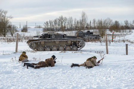 KRASNOE SELO, RUSSIA - FEBRUARY 05, 2023: A fragment of the reconstruction of the "Battle of Stalingrad". Military Historical Park "Steel Landing", Krasnoe Seloのeditorial素材
