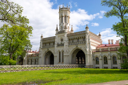 PETERHOF, RUSSIA - MAY 29, 2021: An old railway station building on a May morning. Petrodvorets, Russiaのeditorial素材