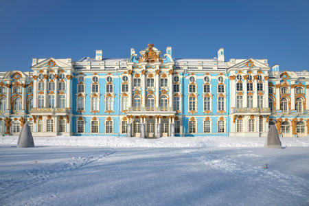 PUSHKIN, RUSSIA - FEBRUARY 21, 2023: Catherine Palace building on a winter day. Tsarskoye Seloのeditorial素材