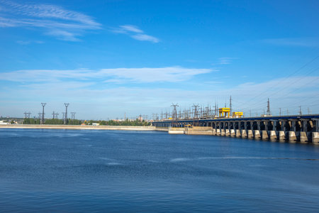 View of the Volga embankment and the hydroelectric power station. Volgograd, Russiaの写真素材