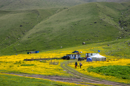 KABARDINO-BALKARIA, RUSSIA - JUNE 09, 2023: Tourist camp in the mountains of Kabardino-Balkariaのeditorial素材