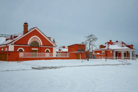 PUSHKIN, RUSSIA - MARCH 08, 2022: Old buildings of the Imperial Farm in the Tsarskoye Selo (Pushkin), Russiaのeditorial素材