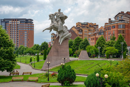 VLADIKAVKAZ, RUSSIA - JUNE 13, 2023: Monument to Issa Pliev in the city landscape. Vladikavkaz,...