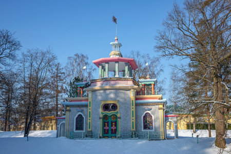 PUSHKIN, RUSSIA - Chinese (Creaky) gazebo close-up. Catherine Park of Tsarskoye Selo. Surroundings of St. Petersburgの写真素材
