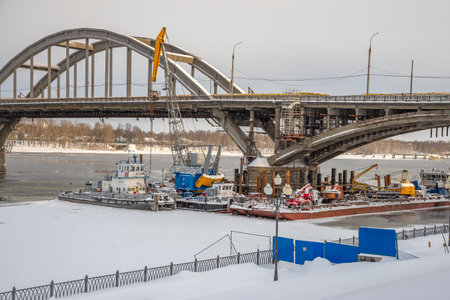 RYBINSK, RUSSIA - JANUARY 01, 2024: Bridge overhaul. Volga, Rybinsk, Yaroslavl regionのeditorial素材
